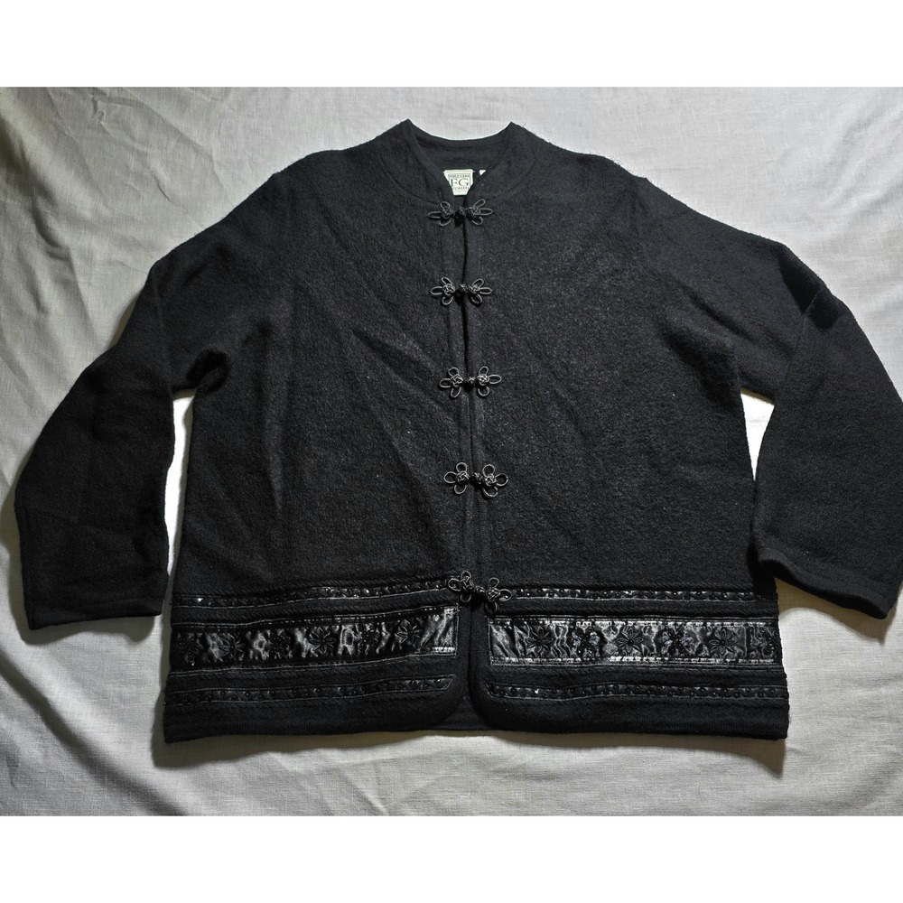 Vtg Field Gear Woman Wool Cardigan Sweater 1X Black Frog Closure Embroidered Hem